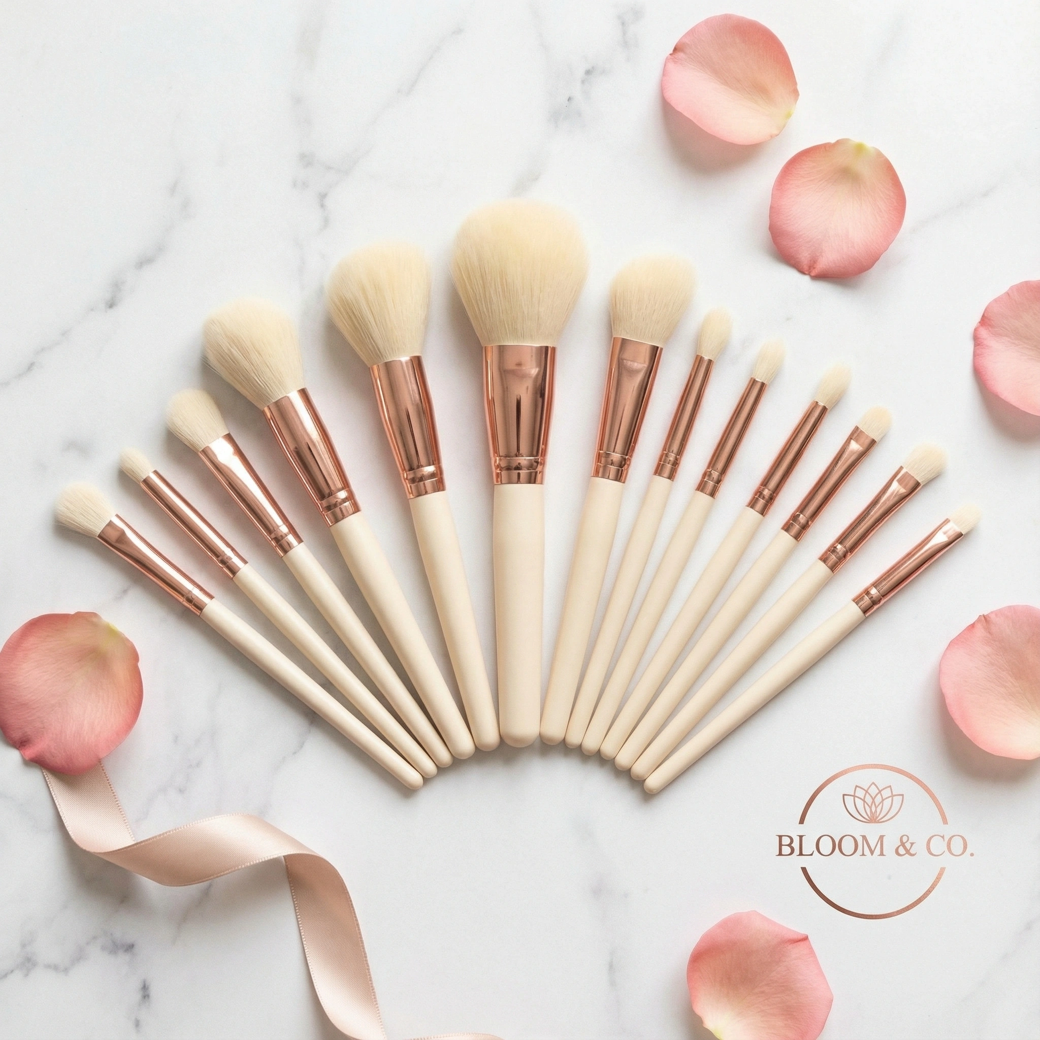 makeup brushes marble flatlay
